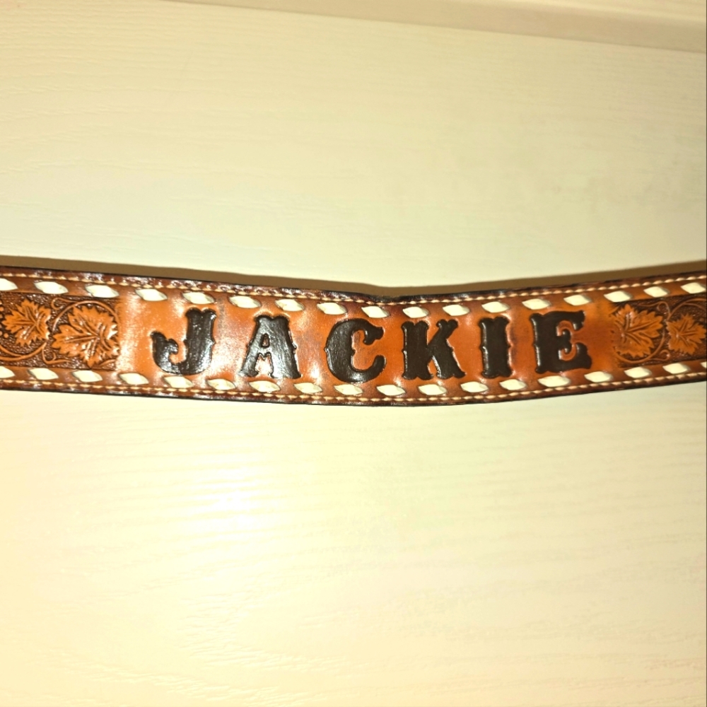 Brown Leather Belt with Custom Name JACKIE Cowboy Cowgirl Rodeo